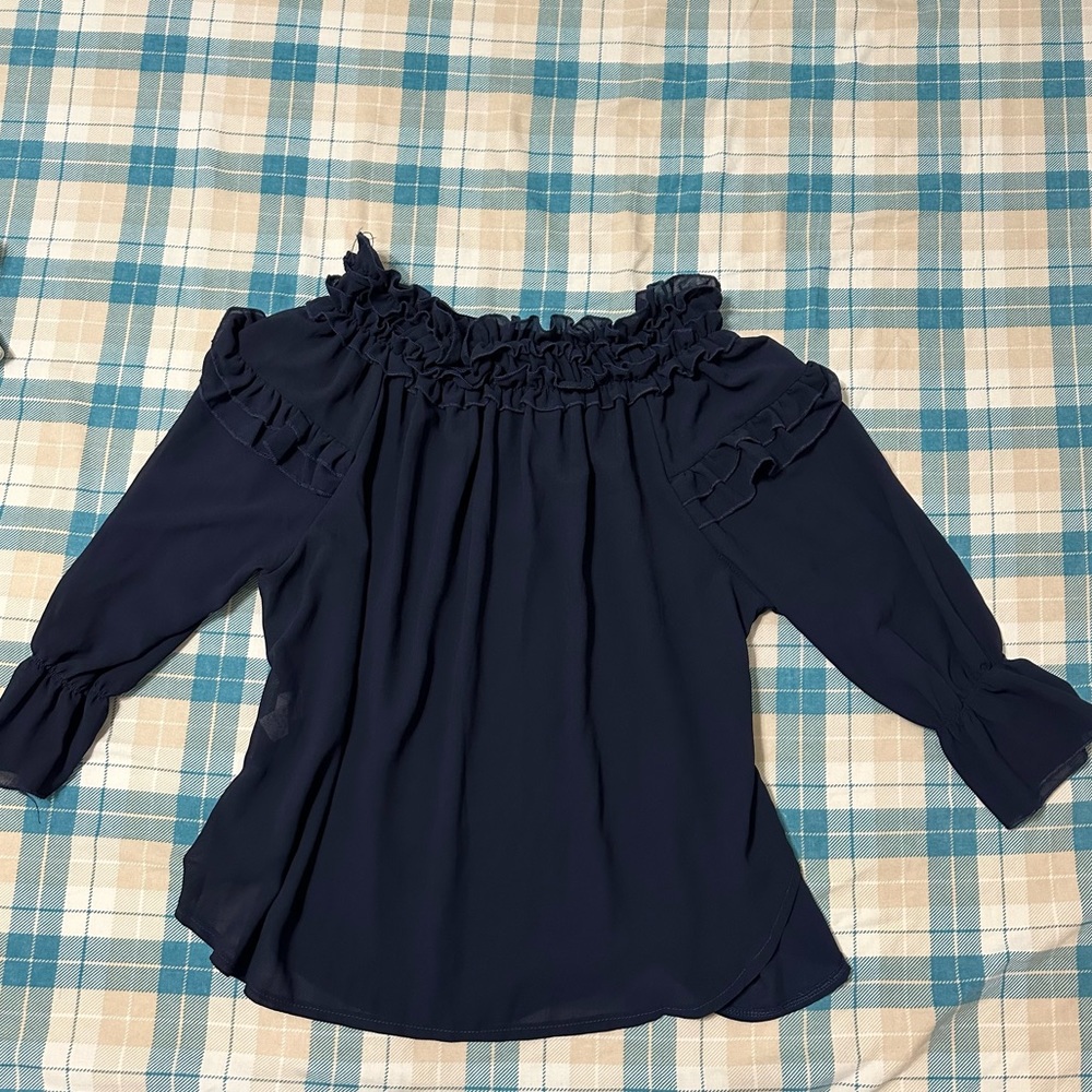 Blue Victorian style frill collar navy shirt black butler frilly preppy shirt